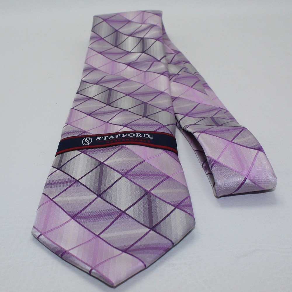 Stafford Performance Mens Silk Tie Purple‎ Violet Geometric Diamond Grid NEW